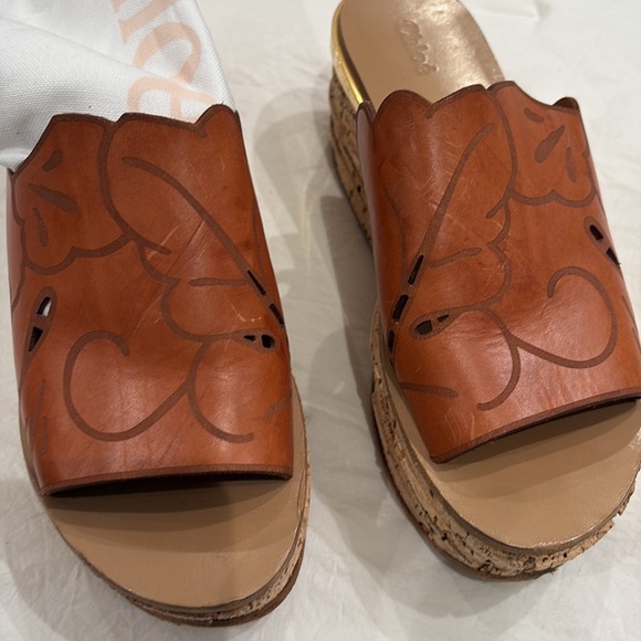 Chloe Women's Brown Wedge Sandals Size 11 Laser-Cut Cork Platform - Picture 6 of 7